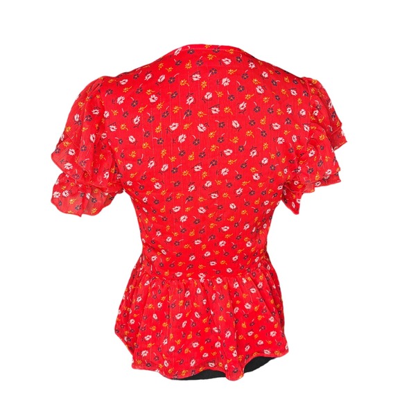 Madewell Tiered-Sleeve Peplum Top In Metallic Prairie Posies Red Floral Print 0 - Picture 6 of 9